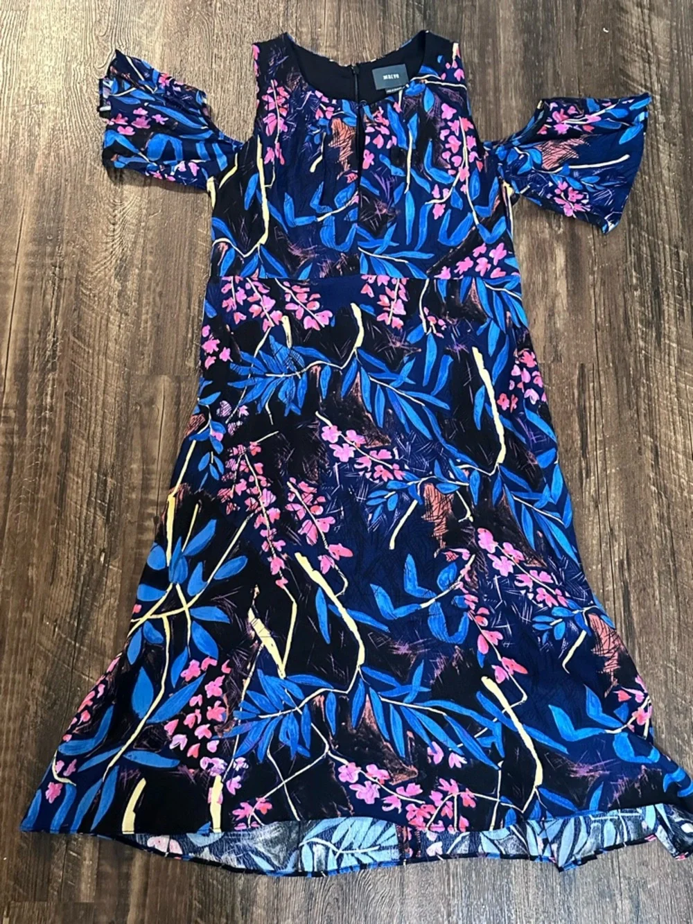 MaeveantrophologieBlack Cold-Shoulder Mini Dress with Blue and Pink Floral Print - Picture 3 of 7